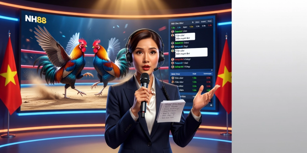 Chị Lan Hương bình luận đá gà nh88 với phong cách tương tác hấp dẫn cho khán giả.