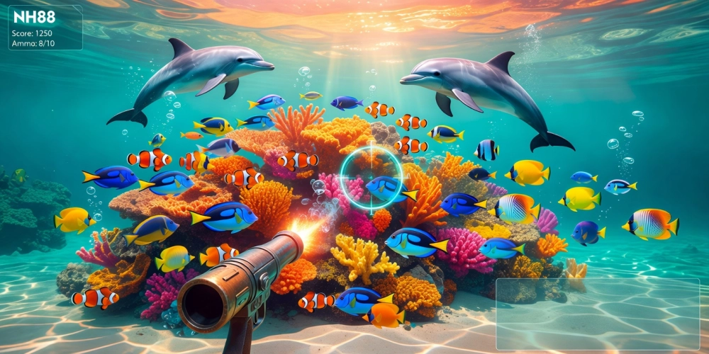 Hình ảnh đại dương sống động trong game bắn cá nh88 với cá heo và san hô rực rỡ.