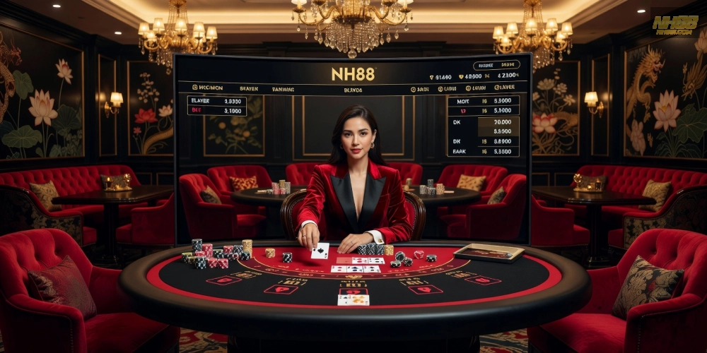 Hình ảnh minh họa bàn chơi baccarat live casino nh88 với dealer chuyên nghiệp và giao diện hiện đại