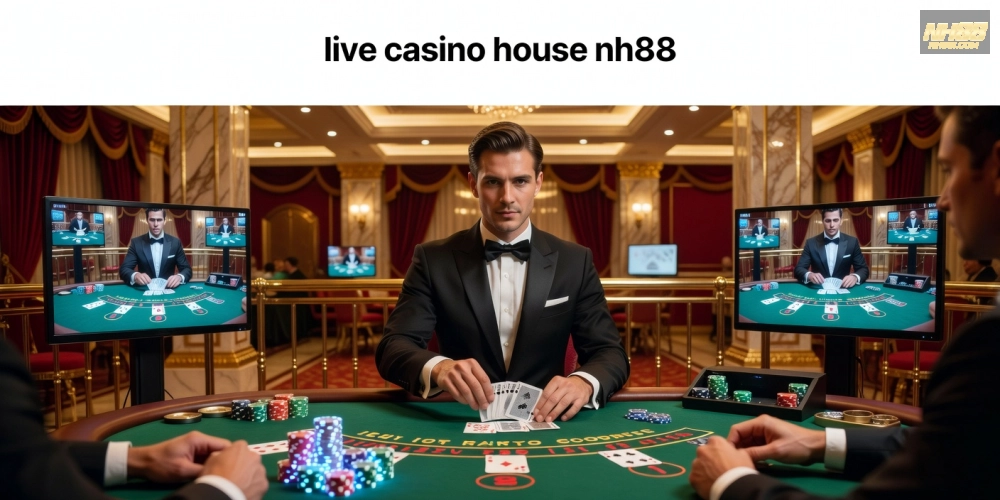 Khái niệm live casino house nh88 được minh họa qua hình ảnh dealer chuyên nghiệp và bàn chơi hấp dẫn