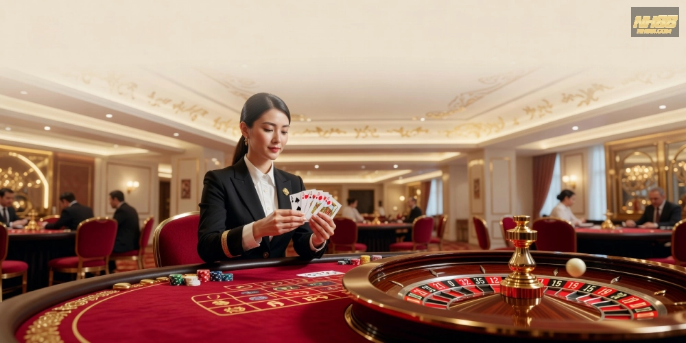 Hình ảnh minh họa khái niệm live casino online nh88 với dealer chuyên nghiệp và bàn chơi hiện đại.